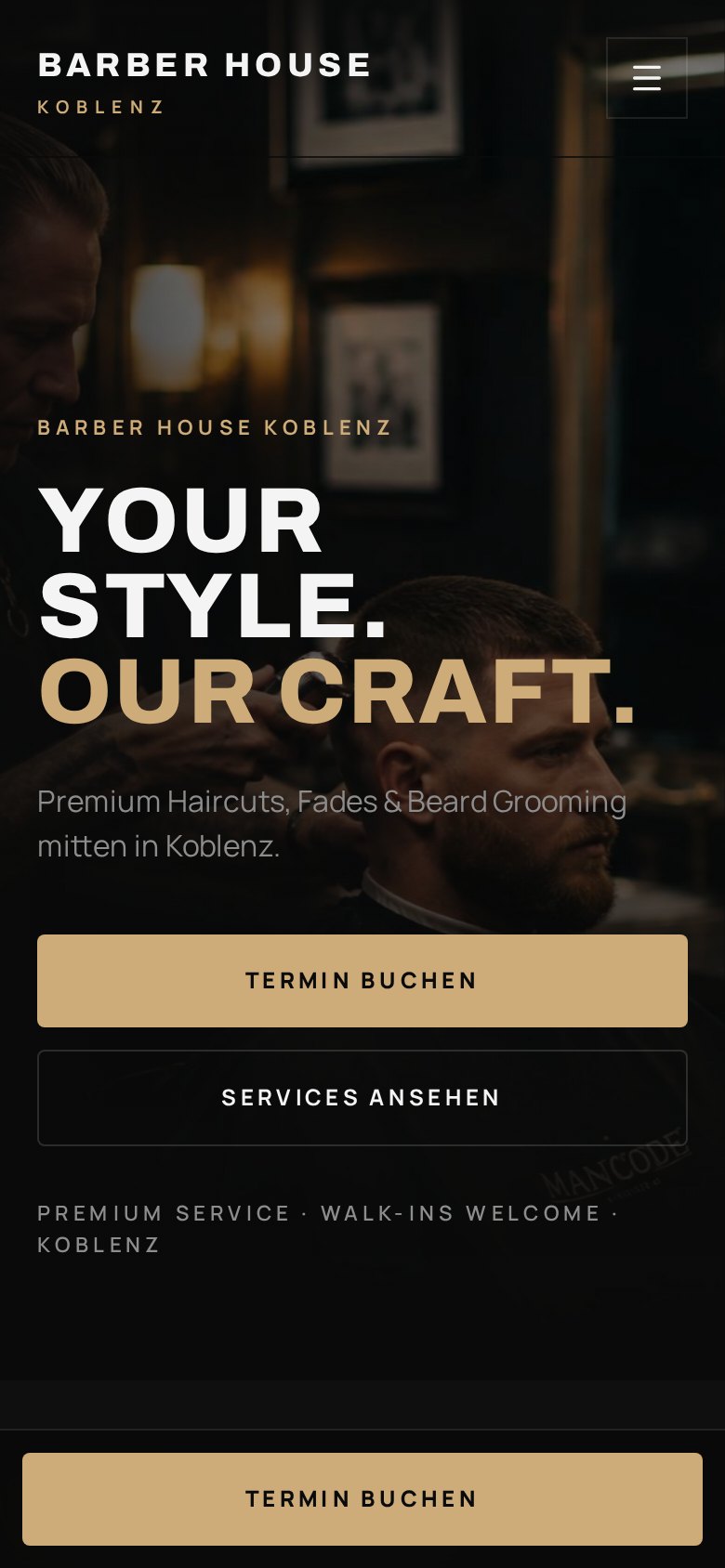 Startseite des Konzeptprojekts Barber House Koblenz in dunklem Design – Mobile