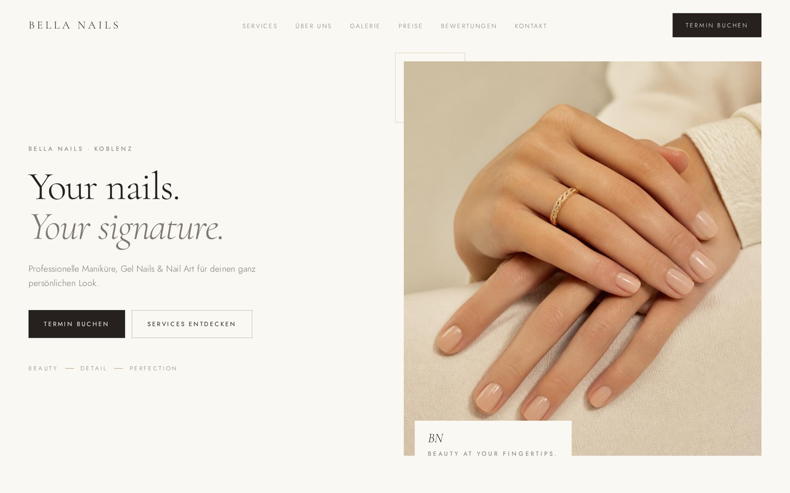 Startseite des Konzeptprojekts Bella Nails mit heller Farbwelt