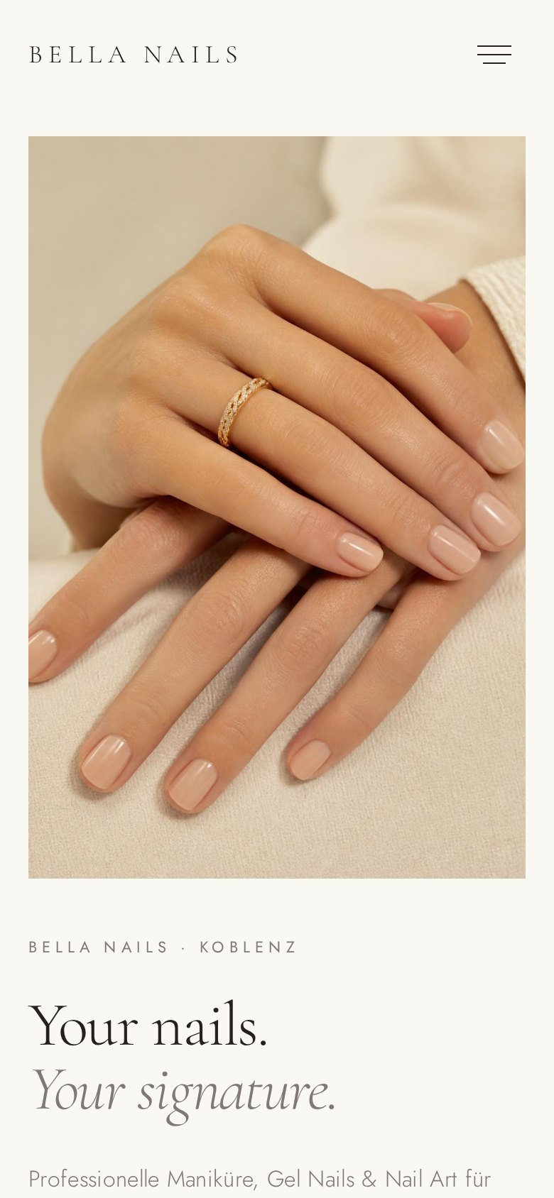 Startseite des Konzeptprojekts Bella Nails mit heller Farbwelt – Mobile
