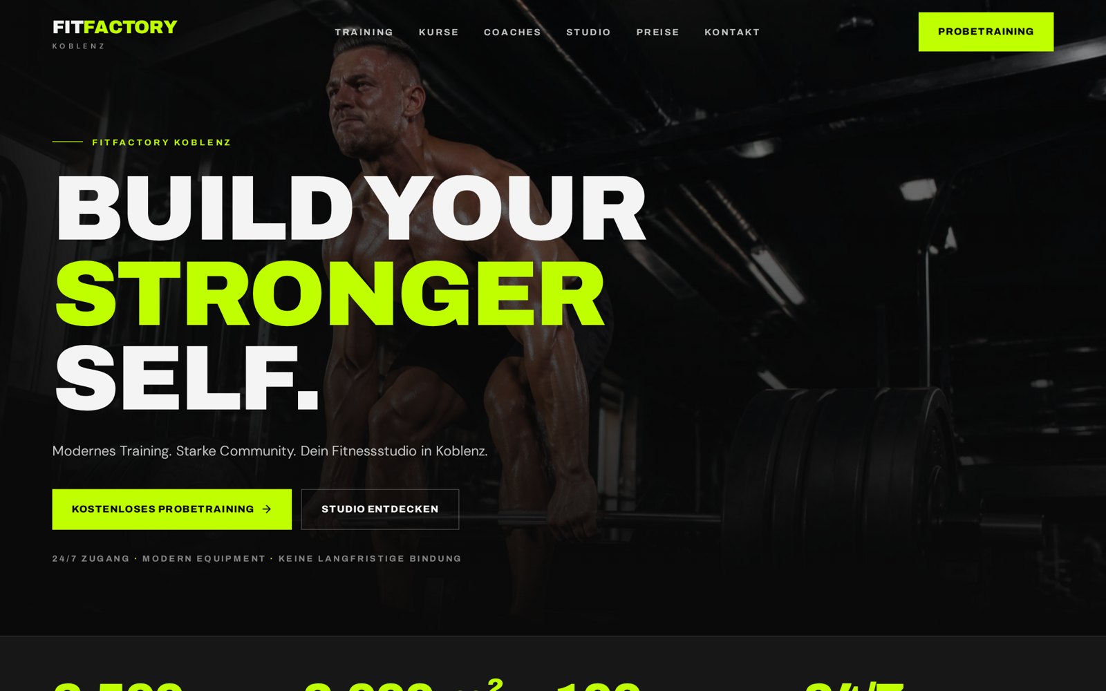 Startseite des Konzeptprojekts FitFactory Koblenz mit Fitnessstudio