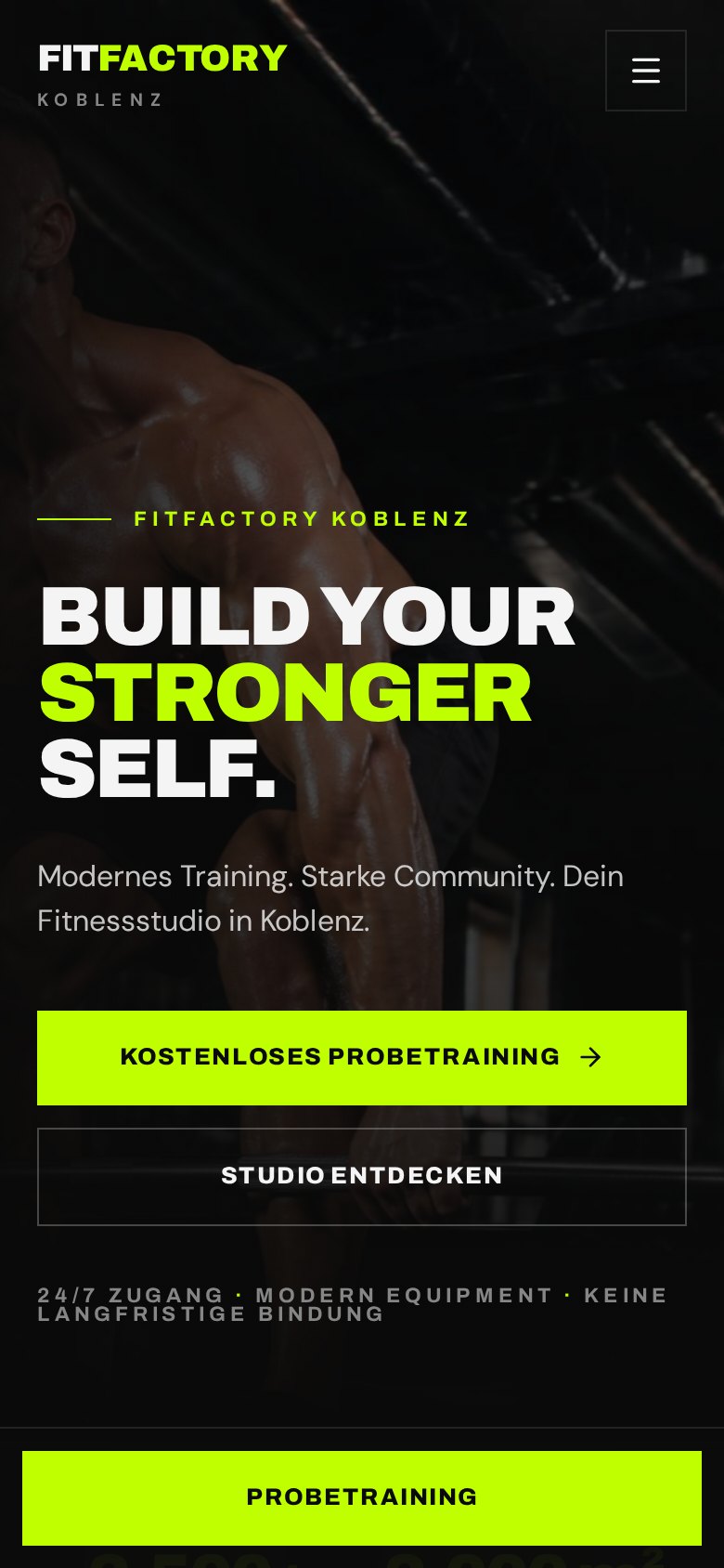 Startseite des Konzeptprojekts FitFactory Koblenz mit Fitnessstudio – Mobile