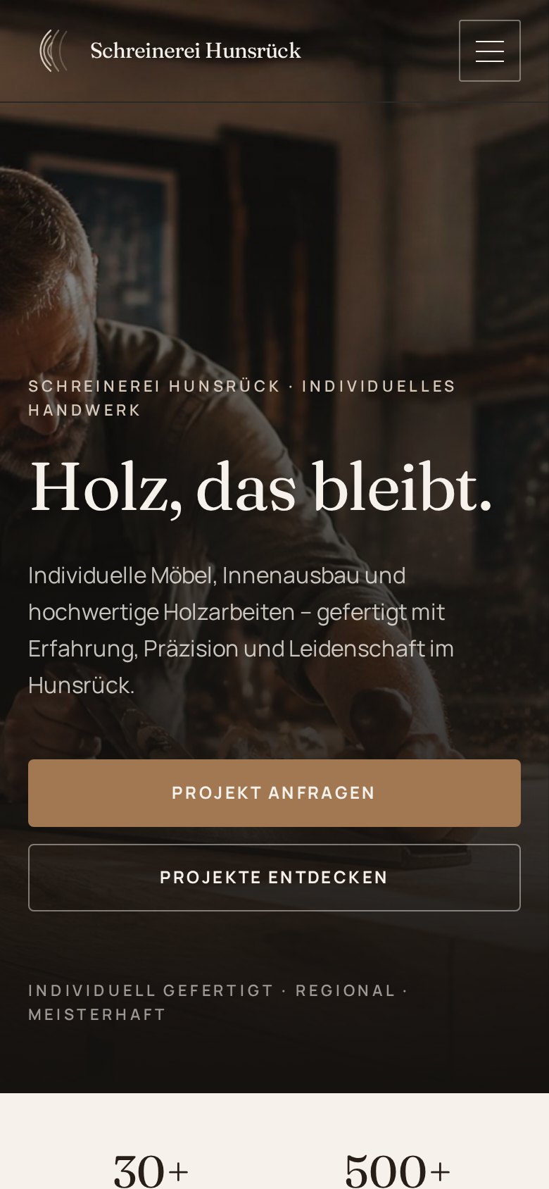 Startseite des Konzeptprojekts Schreinerei Hunsrück mit Massivholzmöbel – Mobile